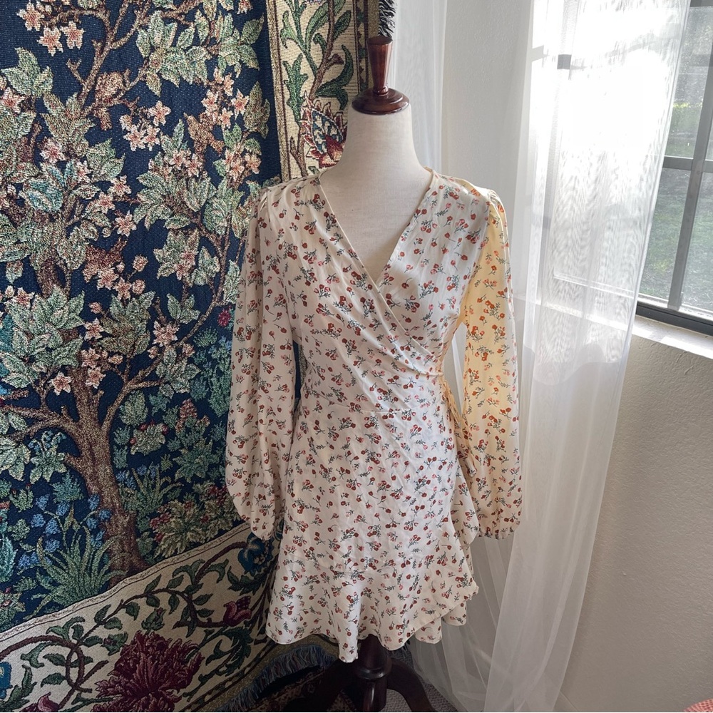 Ivory / Offwhite Floral Print Chiffon Wrap Dress Long Sleeve Ruffle Details